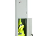 2 door locker grey with door open to show hi viz jacket hanging inside