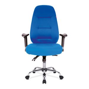 24 hour office chair in blue fabric with chrome base front view