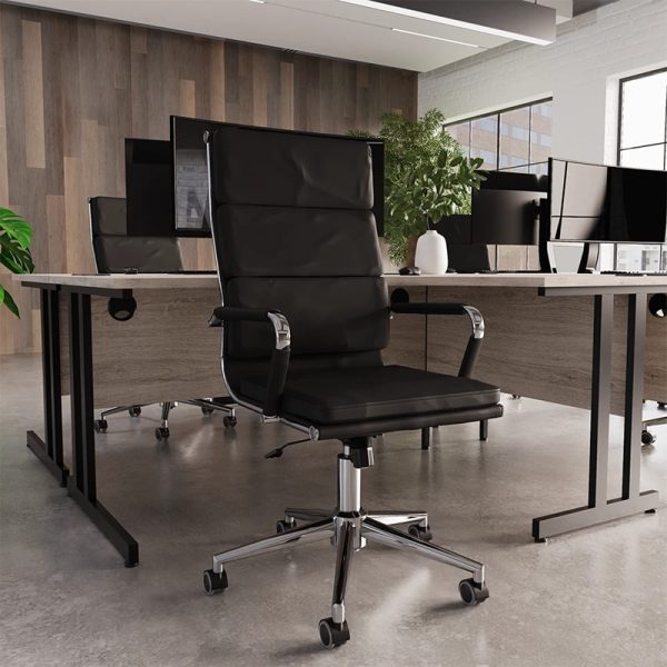 high back executive office chair in black leather in office