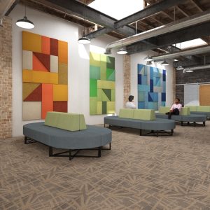 triangular modular acoustic wall tiles on wall in vibrant colours in public area