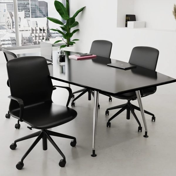 black high back office chair in vegan pu leather around a meeting table