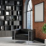 black leather reception chair with chrome detail