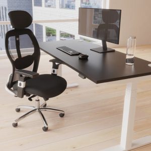 high mesh back chairs in office infornt of office desk with black desk top and white frame