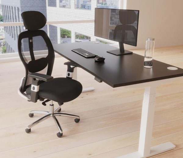 high mesh back chairs in office infornt of office desk with black desk top and white frame