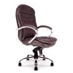 brown leather executive office chair with chrome arms and base