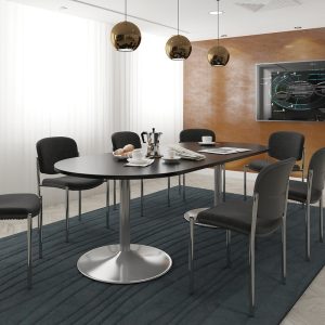 Stackable conference chairs in black fabric with no arms around a meeting table.