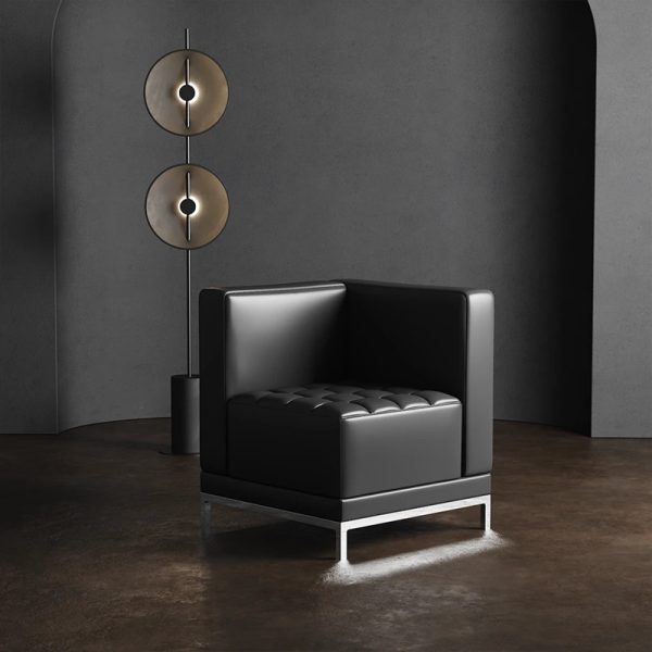 contemporary corner reception seat in black leather