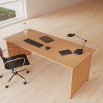 design classic high back office chair in black leather and chrome frame. Ariel view behind office desk in room shot