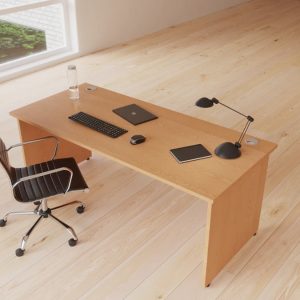 design classic high back office chair in black leather and chrome frame. Ariel view behind office desk in room shot