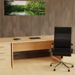 design classic high back office chair in black leather and chrome frame in room shot in front of beech office desk
