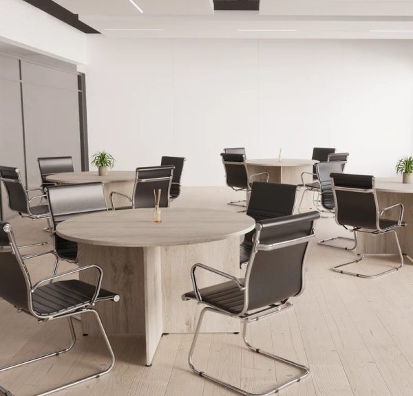 contemporary visitor chairs in meeting room room set around round meeting tables