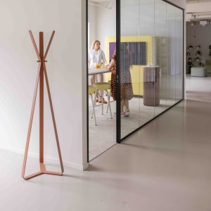 designer coat stand in brown in office