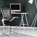 designer meeting chair with black fabric seat and mesh back. White frame with chrome cantilever base