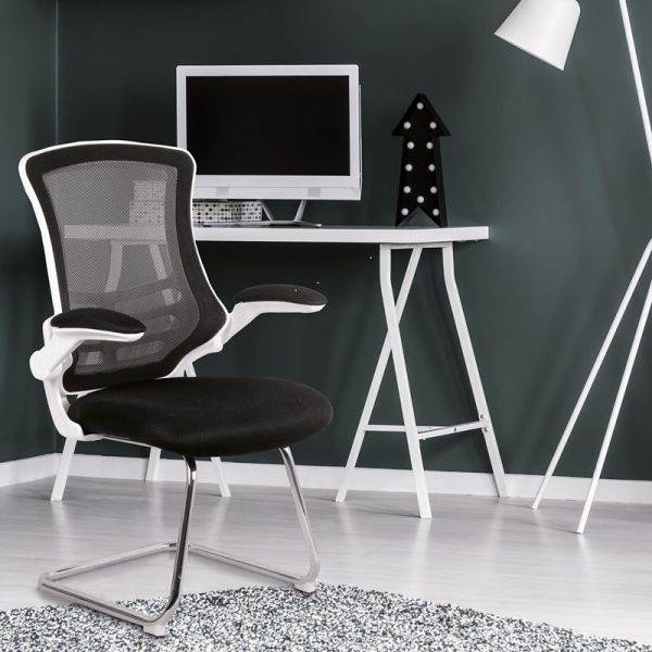 designer meeting chair with black fabric seat and mesh back. White frame with chrome cantilever base