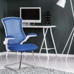 designer meeting chair with blue fabric seat and mesh back. White frame and chrome cantilever base
