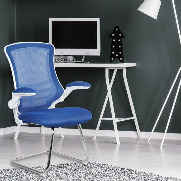 designer meeting chair with blue fabric seat and mesh back. White frame and chrome cantilever base