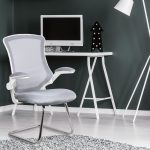 designer meeting chair with grey fabric seat and mesh back. White frame with chrome cantilever base