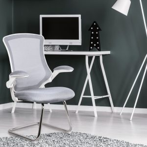 designer meeting chair with grey fabric seat and mesh back. White frame with chrome cantilever base