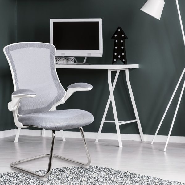 designer meeting chair with grey fabric seat and mesh back. White frame with chrome cantilever base