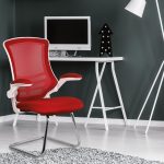 designer meeting chair with red fabric seat and mesh back. White frame with chrome cantilever base