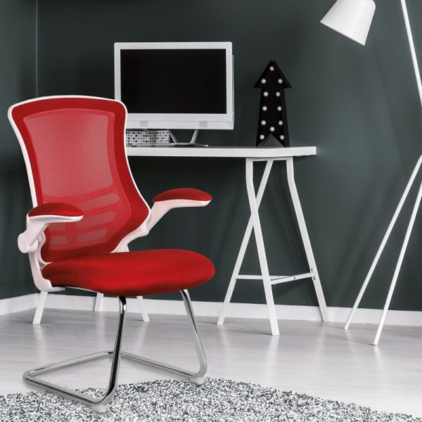 designer meeting chair with red fabric seat and mesh back. White frame with chrome cantilever base