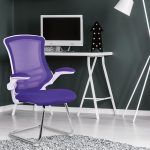 designer meeting chair with purple fabric seat and mesh back. White frame and chrome cantilever base