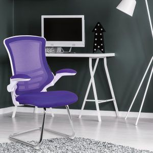 designer meeting chair with purple fabric seat and mesh back. White frame and chrome cantilever base