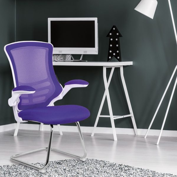 designer meeting chair with purple fabric seat and mesh back. White frame and chrome cantilever base