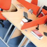 ergonomic office desk beech desk top with silver frame. with orange desk screens
