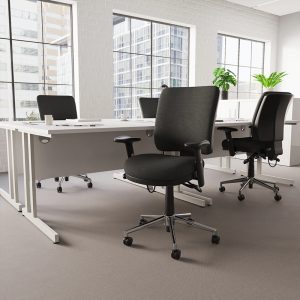 ergonomic operators chair in black fabric in office with white desks