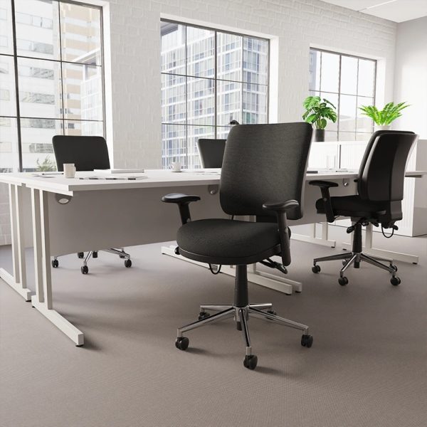 ergonomic operators chair in black fabric in office with white desks
