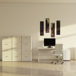 4 drawer filing cabinet with office desk and white office chair