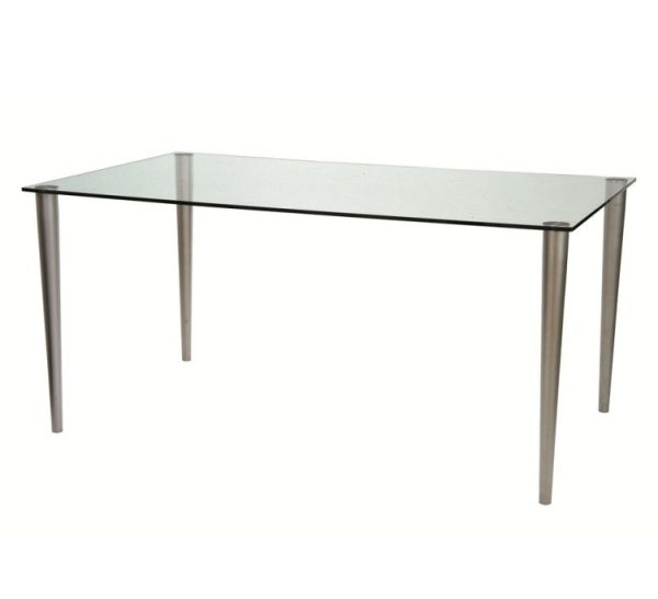 glass desk with matt nickel legs and clear glass desk top