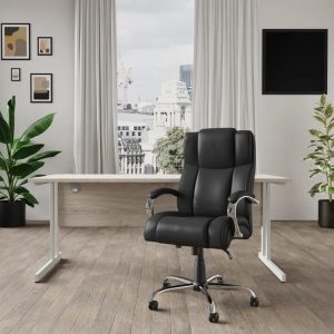 heavy duty office chair in black leather in home office room shot by window looking out over city