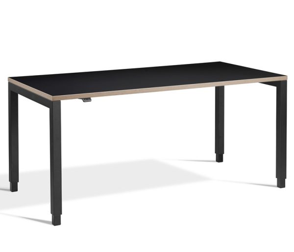 height adjustable desk with black desk top with ply edge. Black leg frame