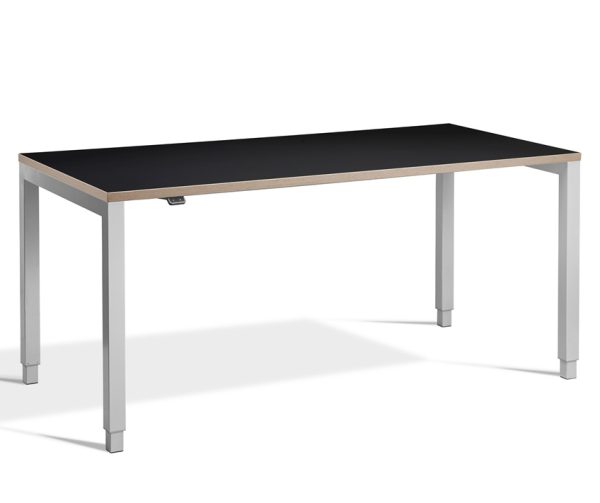 height adjustable desk with black desk top with ply edge and silver legs