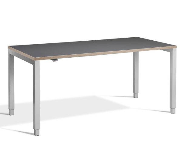 height adjustable desk with graphite desk top and ply edge. Silver leg frame