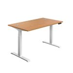 height adjustable desk with nova oak desk top and white leg frame