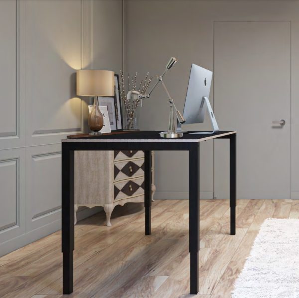 height adjustable sit stand desk with black frame in roomshot.