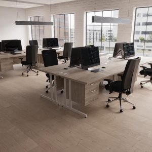 high back ergonomic operator chair in room shot with cantilever maple office desks