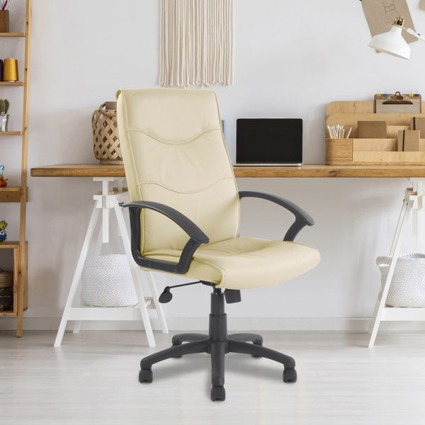 high back leather faced executive office chair cream in room shot with trestle style office desk