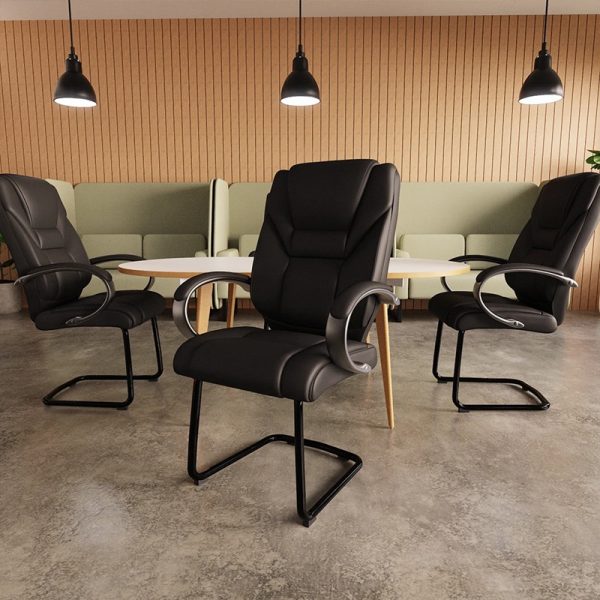 high back visitor chair in black leather in meeting room