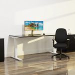 high gloss cupboard by office desk and black office chair
