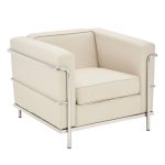 ivory leather reception chair with stainless steel detail