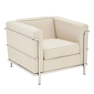 ivory leather reception chair with stainless steel detail