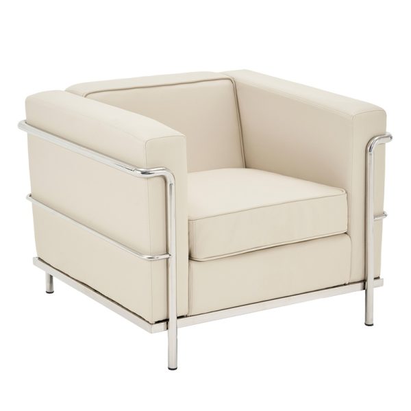 ivory leather reception chair with stainless steel detail