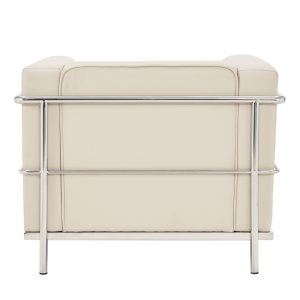 ivory leather reception chair with stainless steel detail. back view