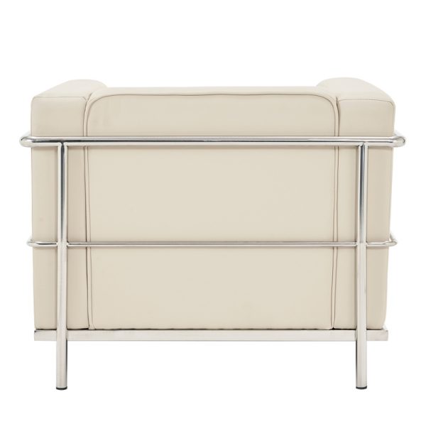 ivory leather reception chair with stainless steel detail. back view