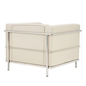 ivory leather reception chair with stainless steel detail back view