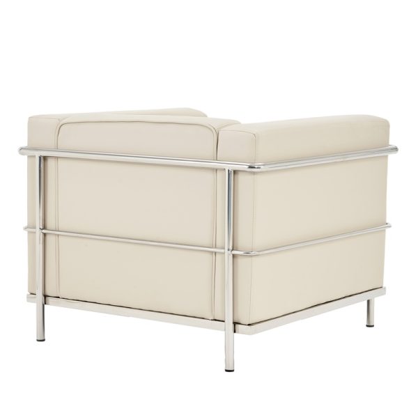 ivory leather reception chair with stainless steel detail back view